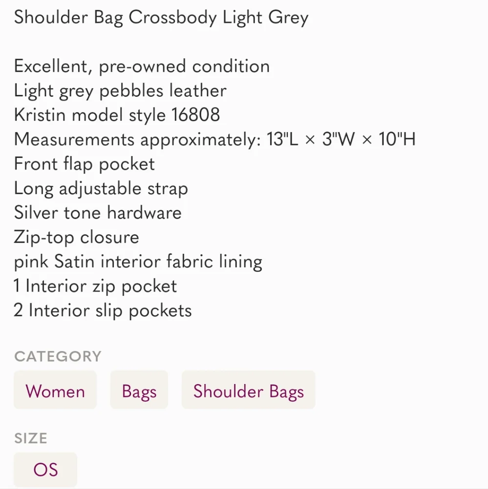 Coach Kristin leather Hobo Shoulder Bag Crossbody Light Grey